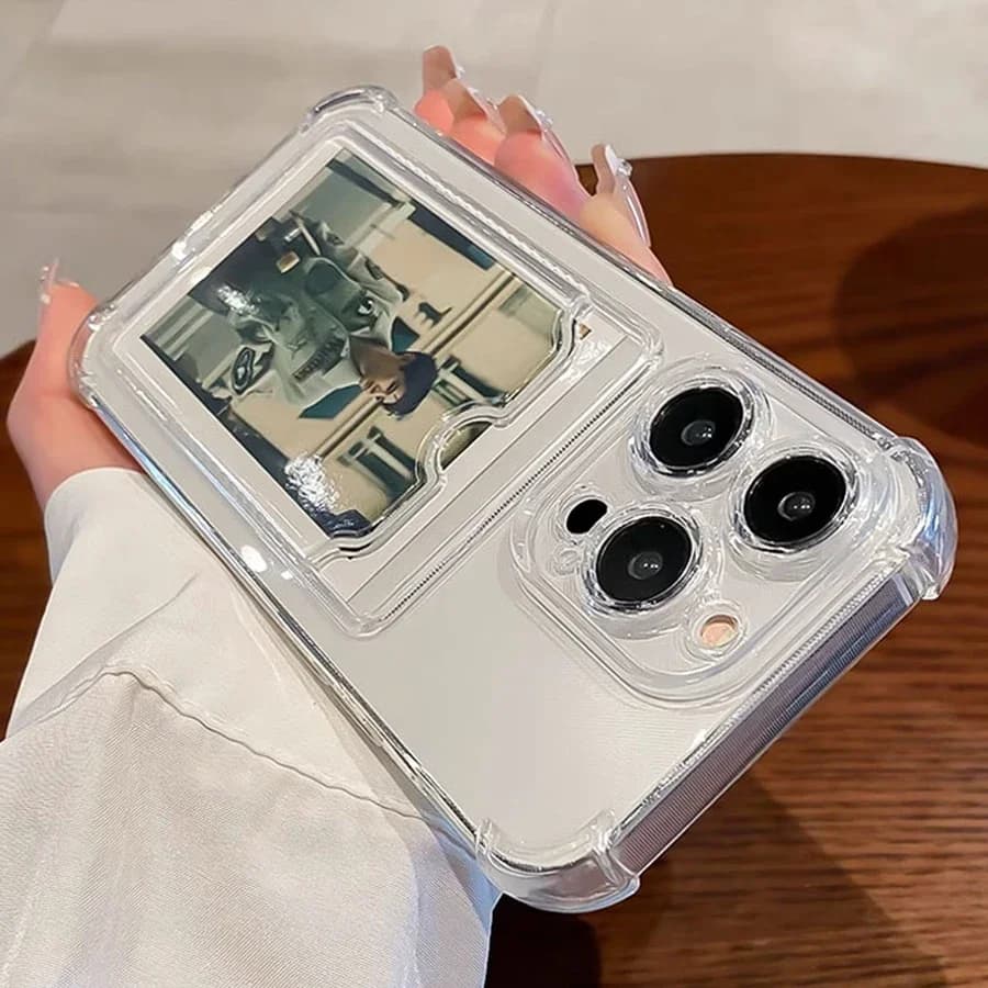Transparent card holder with slot for iPhone 16 15 14 13 12 11 Pro Max Mini XR 7 8 Plus Cover soft shockproof transparent