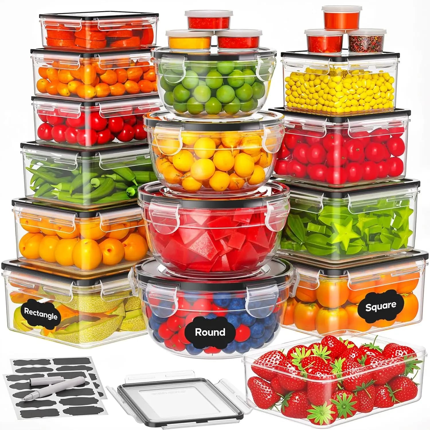 Set di 42 Contenitori per Alimenti con Coperchi - Set per Preparazione Pasti Senza BPA e a Prova di Perdite con Etichette e Penna