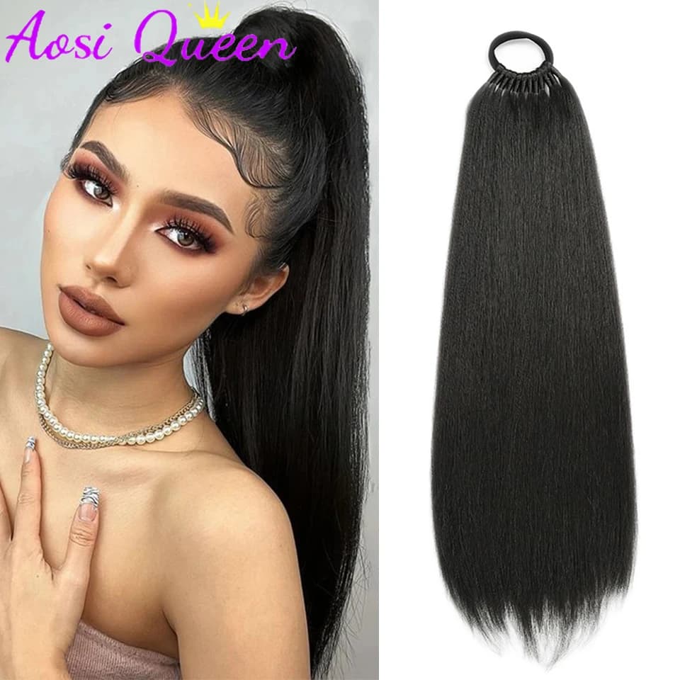 AOSI synthetic straight horsetail with elastic band Extended synthetic horse tail wrapping heat-resistant horsetail for women