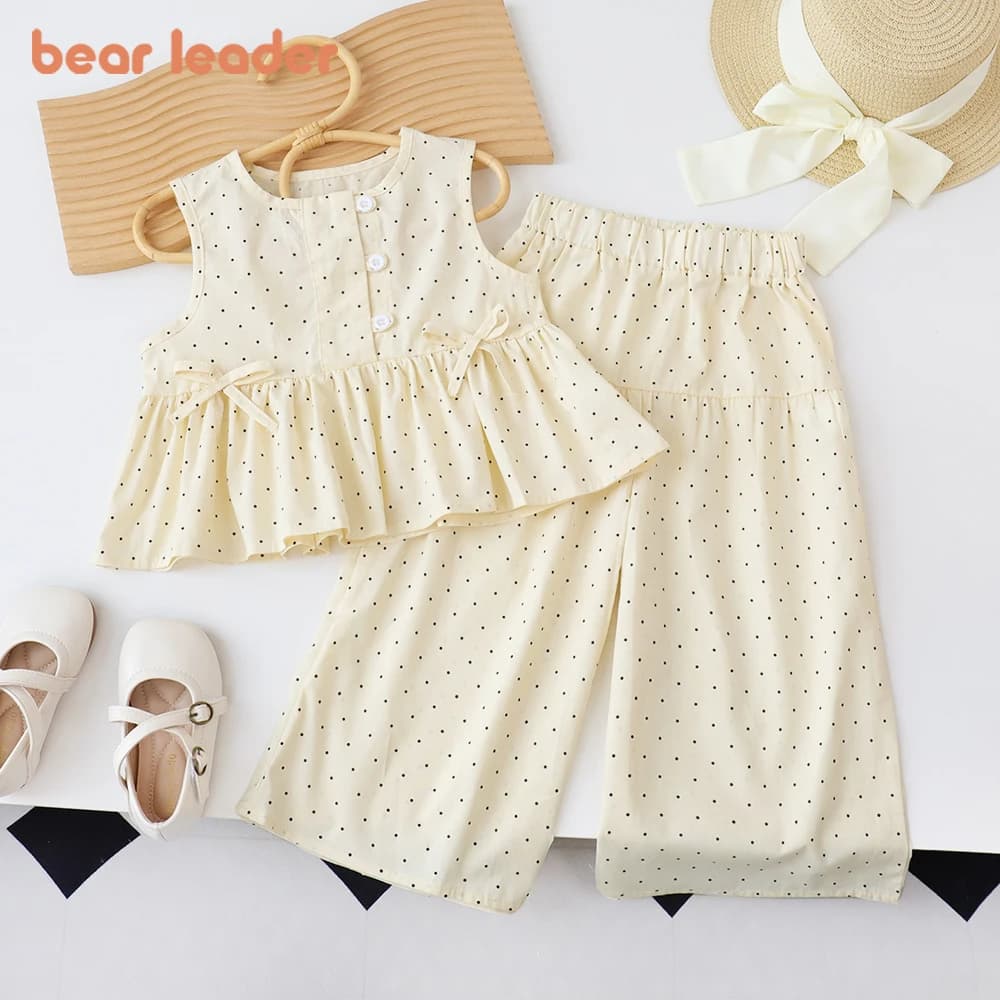 Abbigliamento estivo per ragazze Bear Leader Top beige con scollo rotondo senza maniche a pois + set di pantaloni a gamba larga Abbigliamento casual per bambini