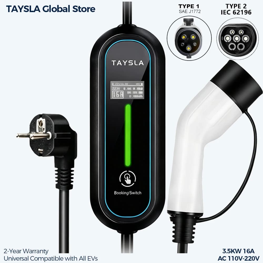 TAYSLA 16A 3.5KW Caricatore EV portatile J1772 Tipo 1 Tipo 2 Cavo di ricarica EVSE 80-260V Spina UE Caricatore domestico per veicoli elettrici