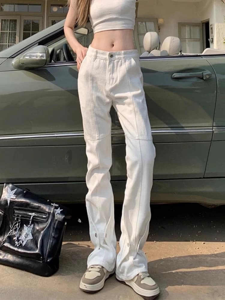High Street Vibe White Jeans Retro American Style Men Women Straight Loose Flared Long Trousers High Waist Pure Color Zipper