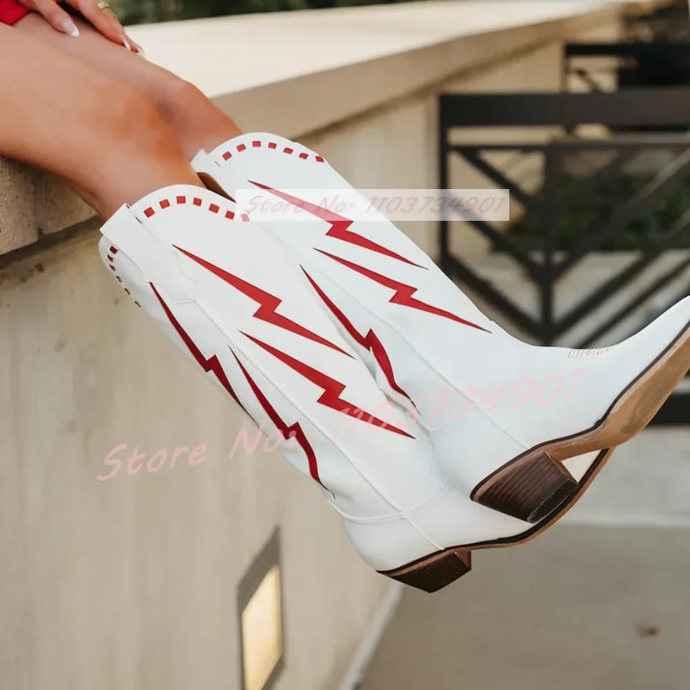 Stivali Western con punta a punta di fulmine bianco moda donna Casual elegante stivali al ginocchio da donna Slip-On scarpe con tacco di grandi dimensioni