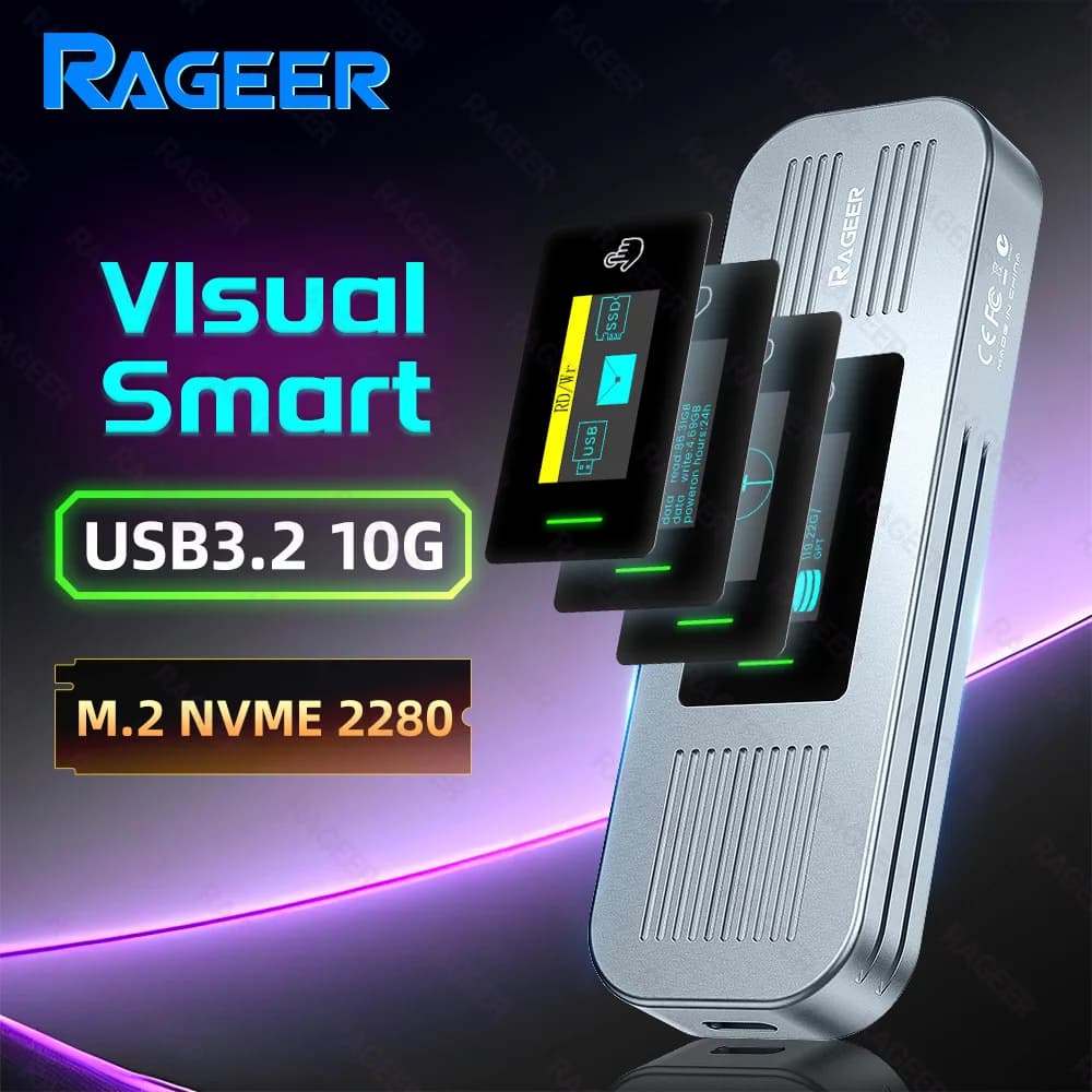 Custodia RAGEER Screen Display M.2 NVMe 2280, adattatore USB-C in alluminio con velocità di trasferimento dati da 10 Gbps per archiviazione SSD esterna.