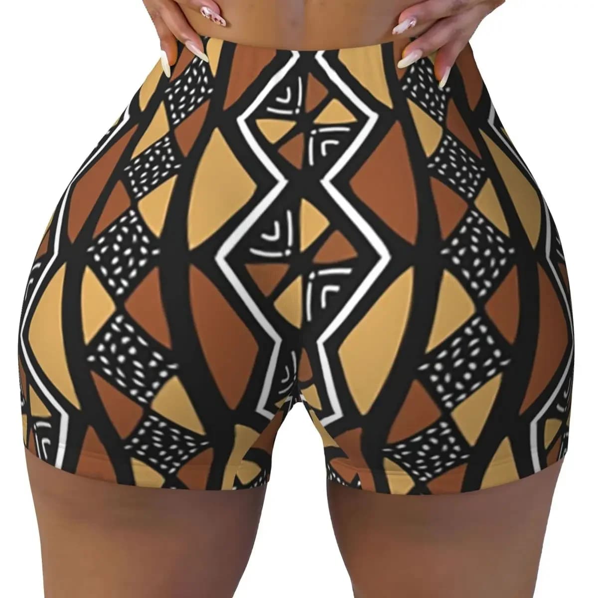 Custom African Mud Cloth Mali Yoga Shorts Women Gym Workout Running Athletic Volleyball Biker Shorts