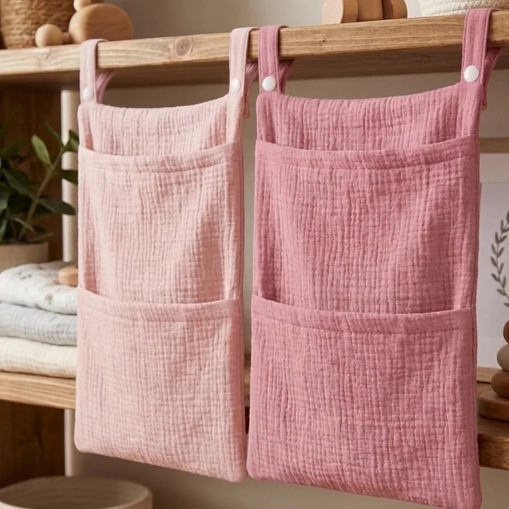 Borsa Portaoggetti Multifunzionale in Cotone Tinta Unita per Culla Neonato, Borsa Appendibile per Passeggino e Lettino Bambini