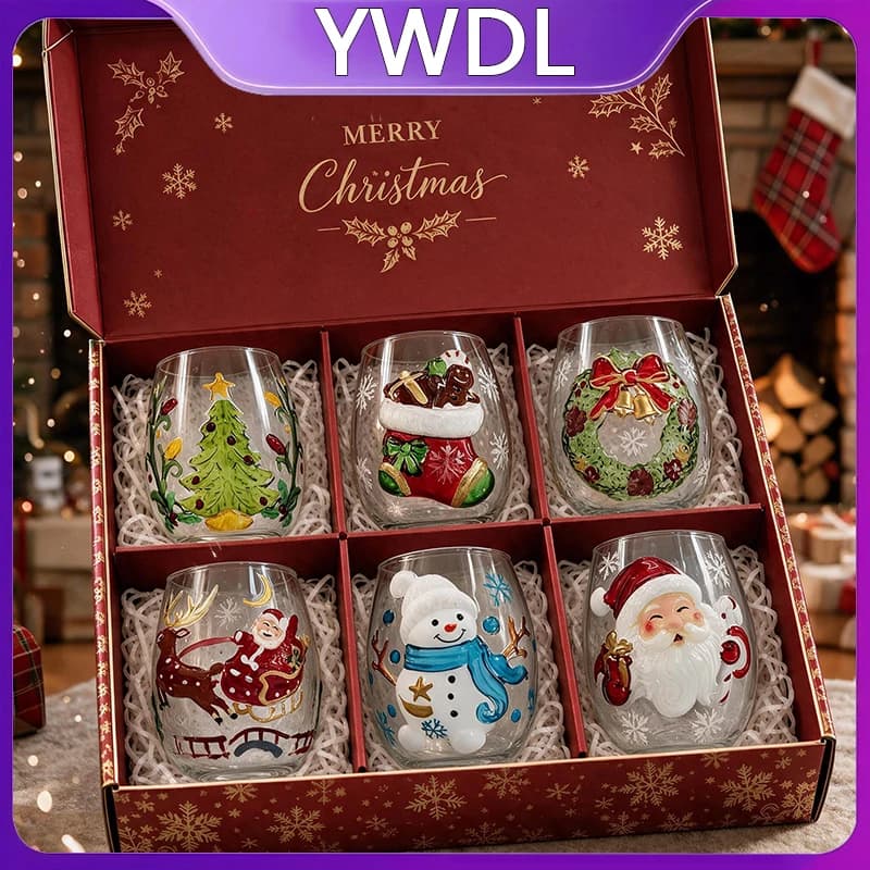 YWDL Stemless Wine Glass 350ml 3D Hand-painted Borosilicate Red Wine Cocktail Whiskey Christmas Xmas Tree Santa Snowman Gift