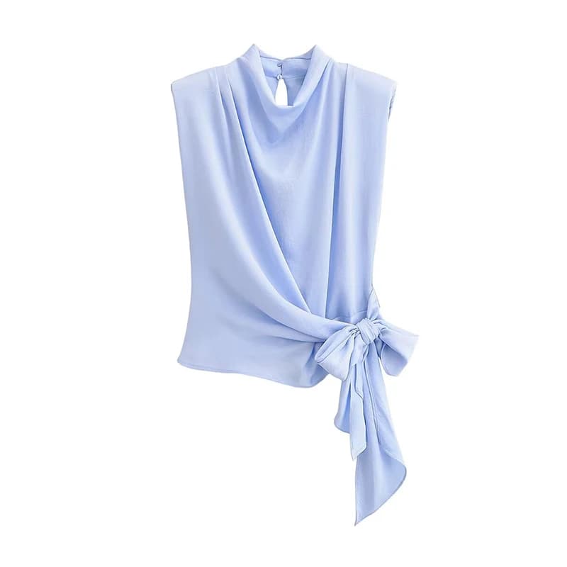 YENKYE Fashion New Women Camicetta senza maniche azzurra con collo alto e fiocco laterale, elegante top estivo in raso