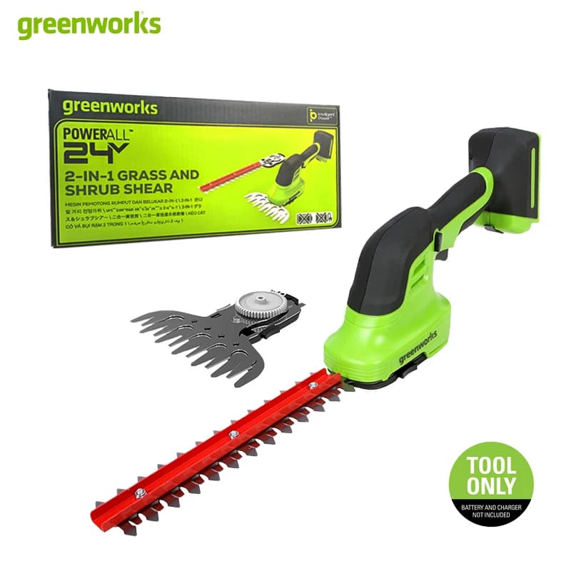 Greenworks 2-IN-1 Grass And Shrub Shear Cordless Pruning Shears Lightweight Garden Tool Safety Lock Switch PruneKit HedgeCutPro