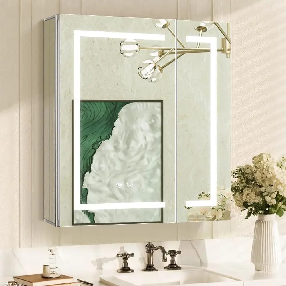 Illuminated Bathroom Mirror Cabinet, 24x28, LED Lighting, USB Outlet, 3-Color Temperature, Dimmer, Demister, Surface & Recessed