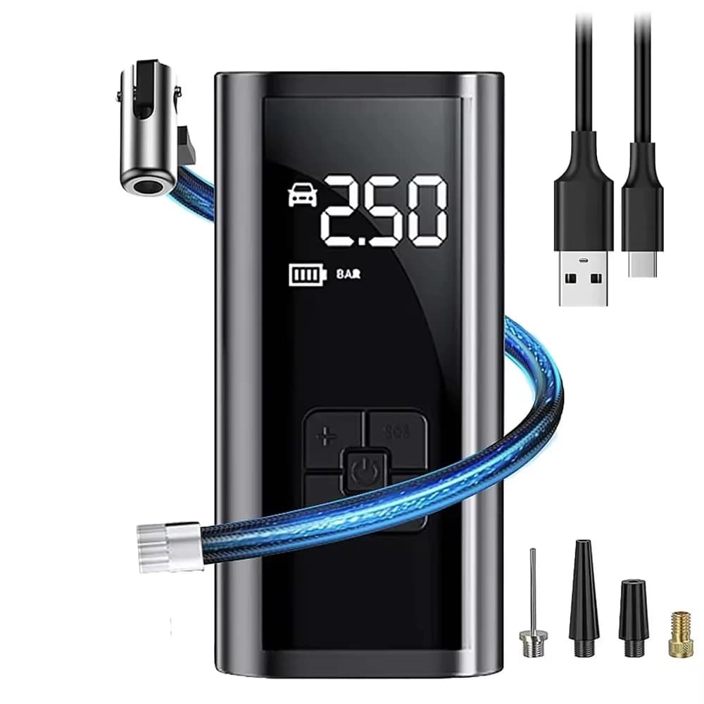 Compressore d'aria portatile ricaricabile, pompa elettrica per gonfiare pneumatici di auto e biciclette, compressore d'aria digitale per palloni da calcio.
