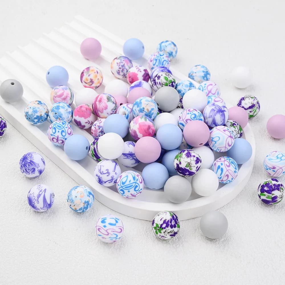 Set di 50 Perline Rotonde in Silicone da 15mm per Primavera ed Estate, Perline Distanziatrici in Silicone per Creazione di Braccialetti, Portachiavi e Penne Decorate