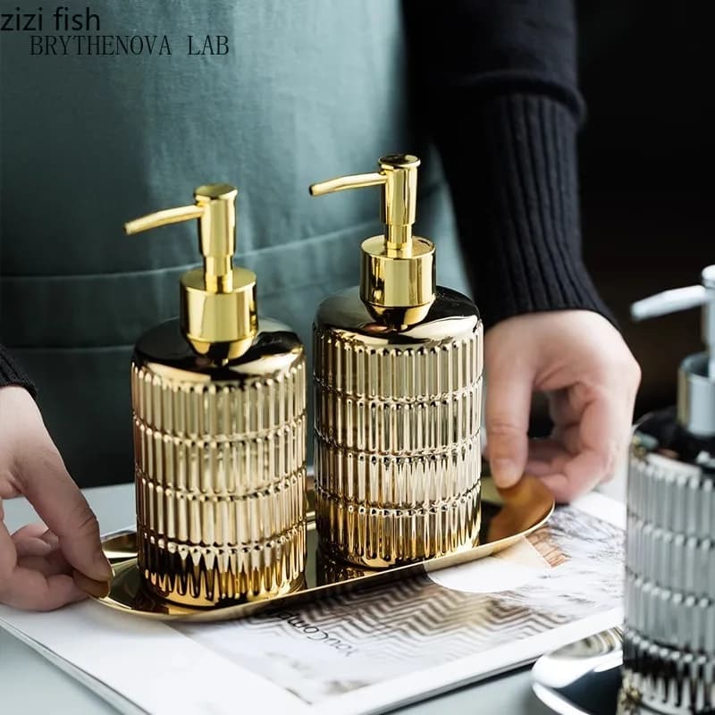 Gold Plated Stripe Ceramic Soap Bottle Empty Bottle Soap Lotion Dispenser Shower Gel Shampoo Bottles Bathroom Accessories
