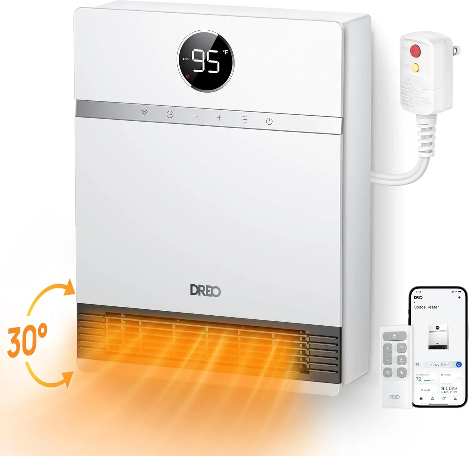 Riscaldatore da Parete Intelligente per Bagno, Stufa Elettrica IP24 con Spina ALCI per Uso Interno, 30 ° Oscillazione, Termostato regolabile