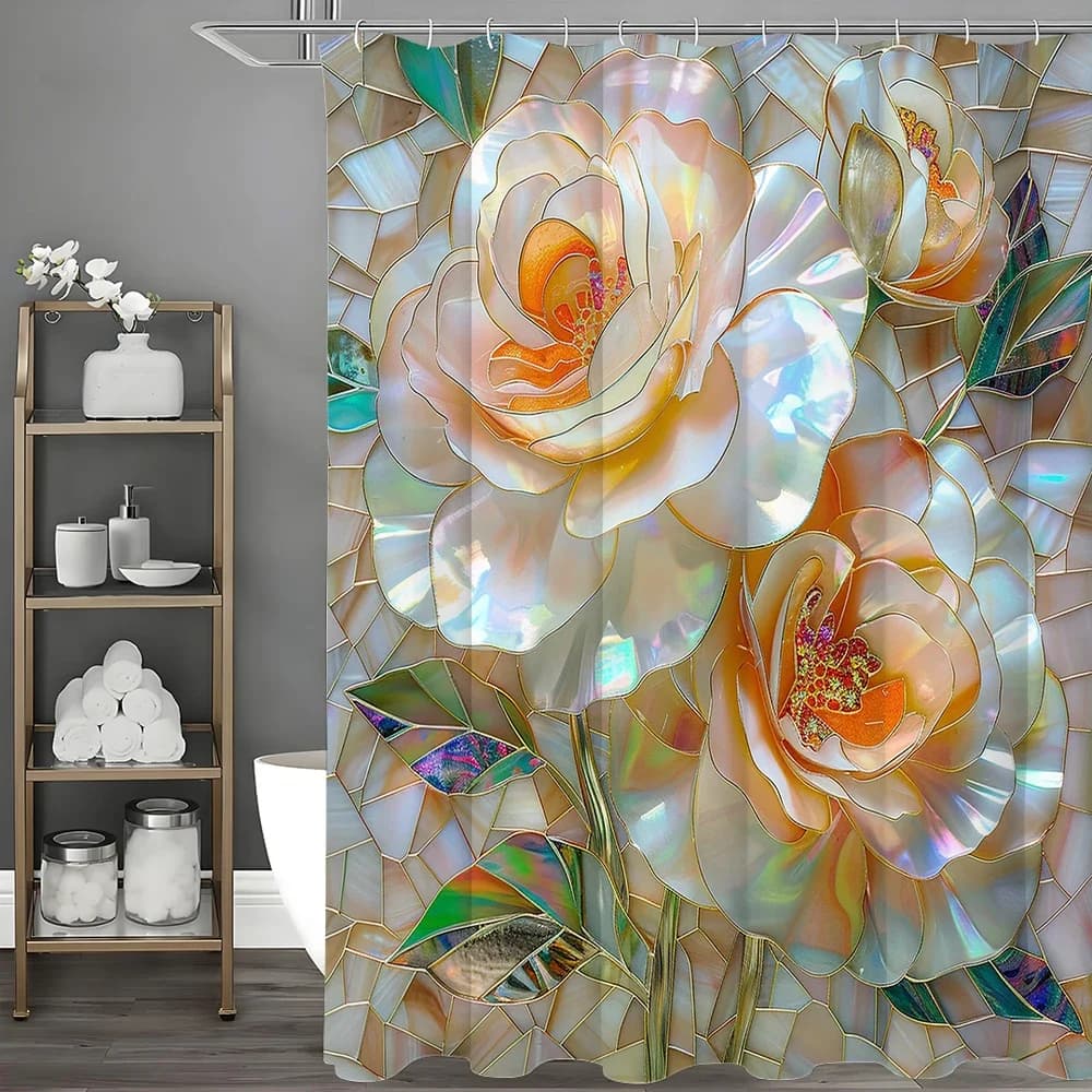 Tenda da doccia artistica creativa con fiori di rosa, tenda da doccia decorativa per bagno, tenda da doccia impermeabile con ganci