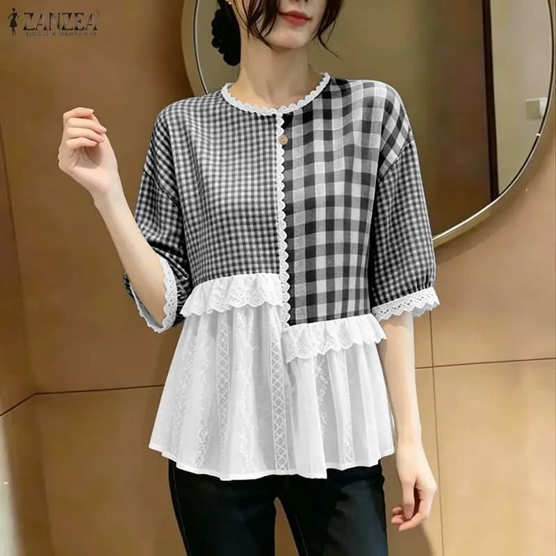 Camicetta Estiva da Donna Patchwork 2026 ZANZEA Elegante con Scollo a O e Maniche Corte, Top a Quadri, Camicia da Lavoro Elegante, Blusa Casual per Vacanze