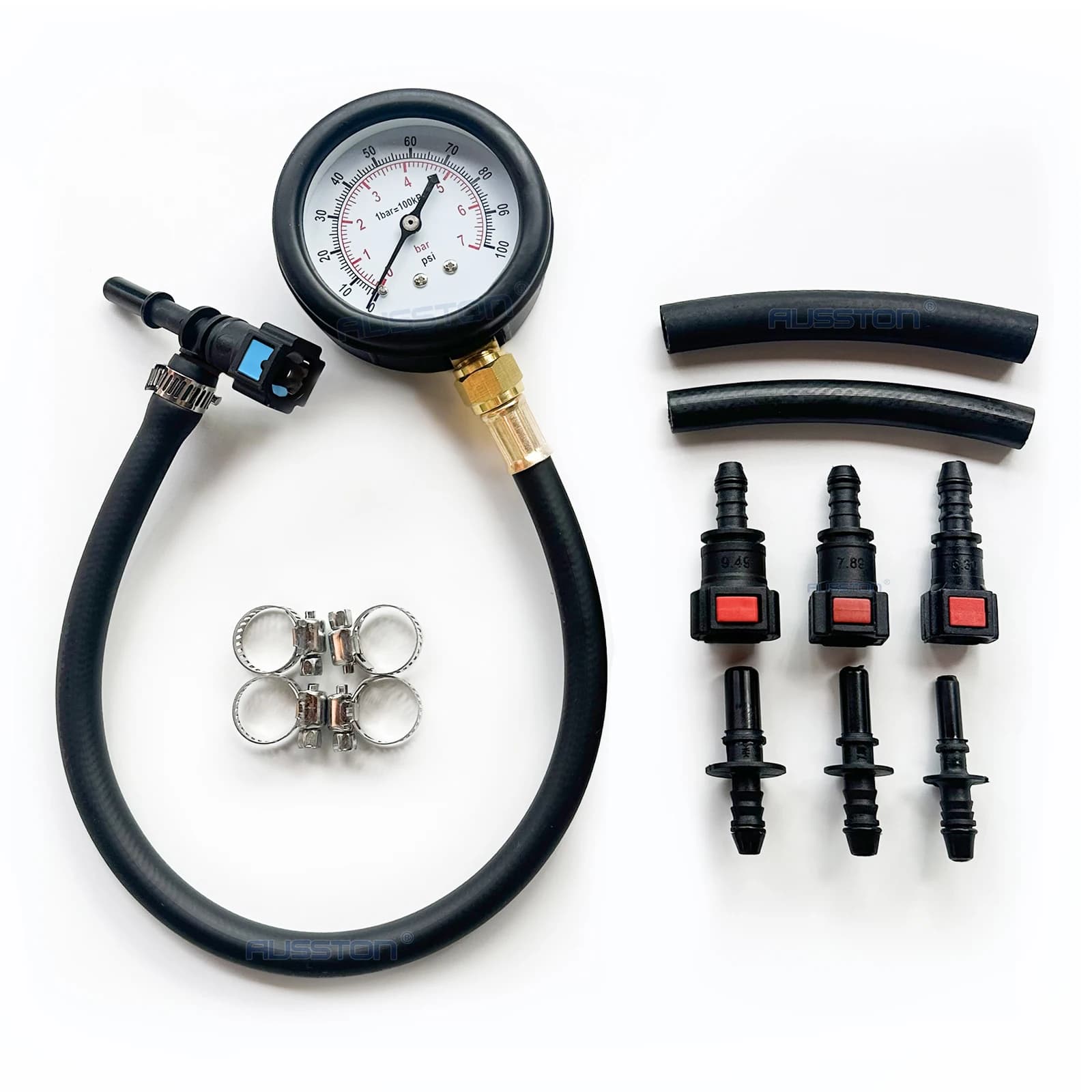 Kit per test della pressione del carburante - Manometro per tester della pressione della pompa di iniezione del carburante con attacco rapido 0-100PSI con valvola 6.3/7.89/9.49 per auto