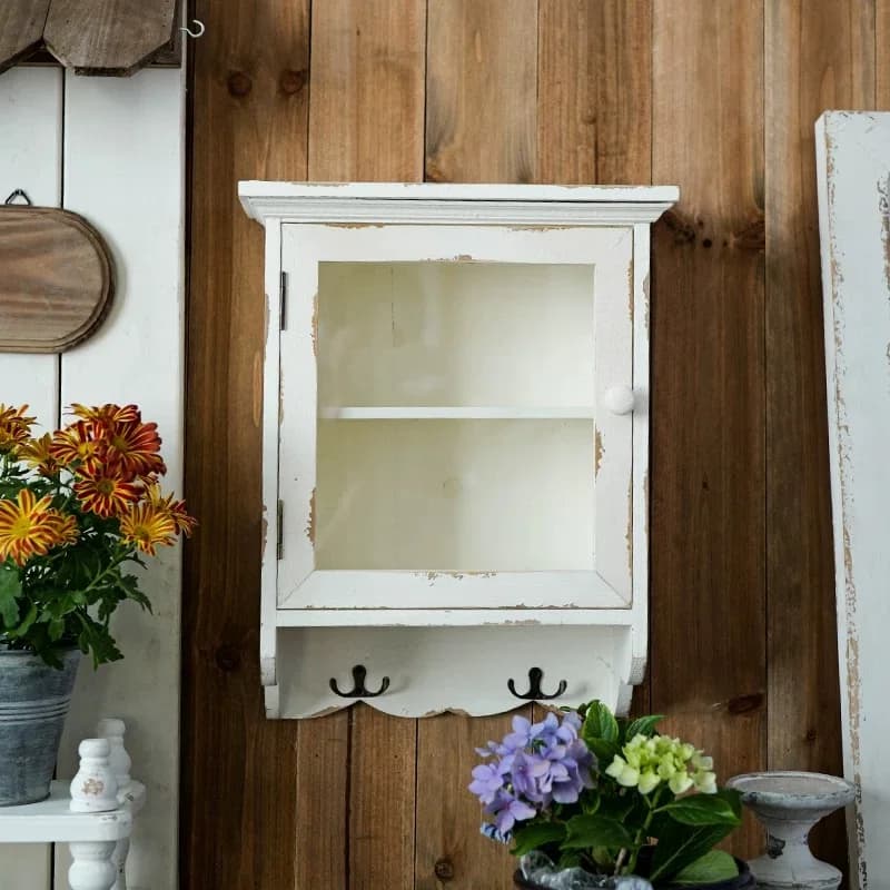 Rustic Wall Cabinet with Glass Door, Distressed Wood Storage Shelf with Hooks, 34x17x43cm, Vintage Farmhouse Style