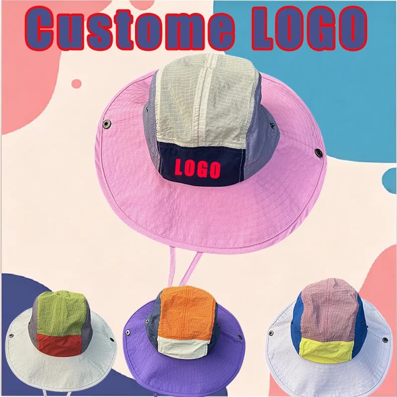 Custom Printed Logo Color Blocking Five Panel Bucket Hat for Men and Women Summer Outdoor Sunshade Lightweight Fishing Caps