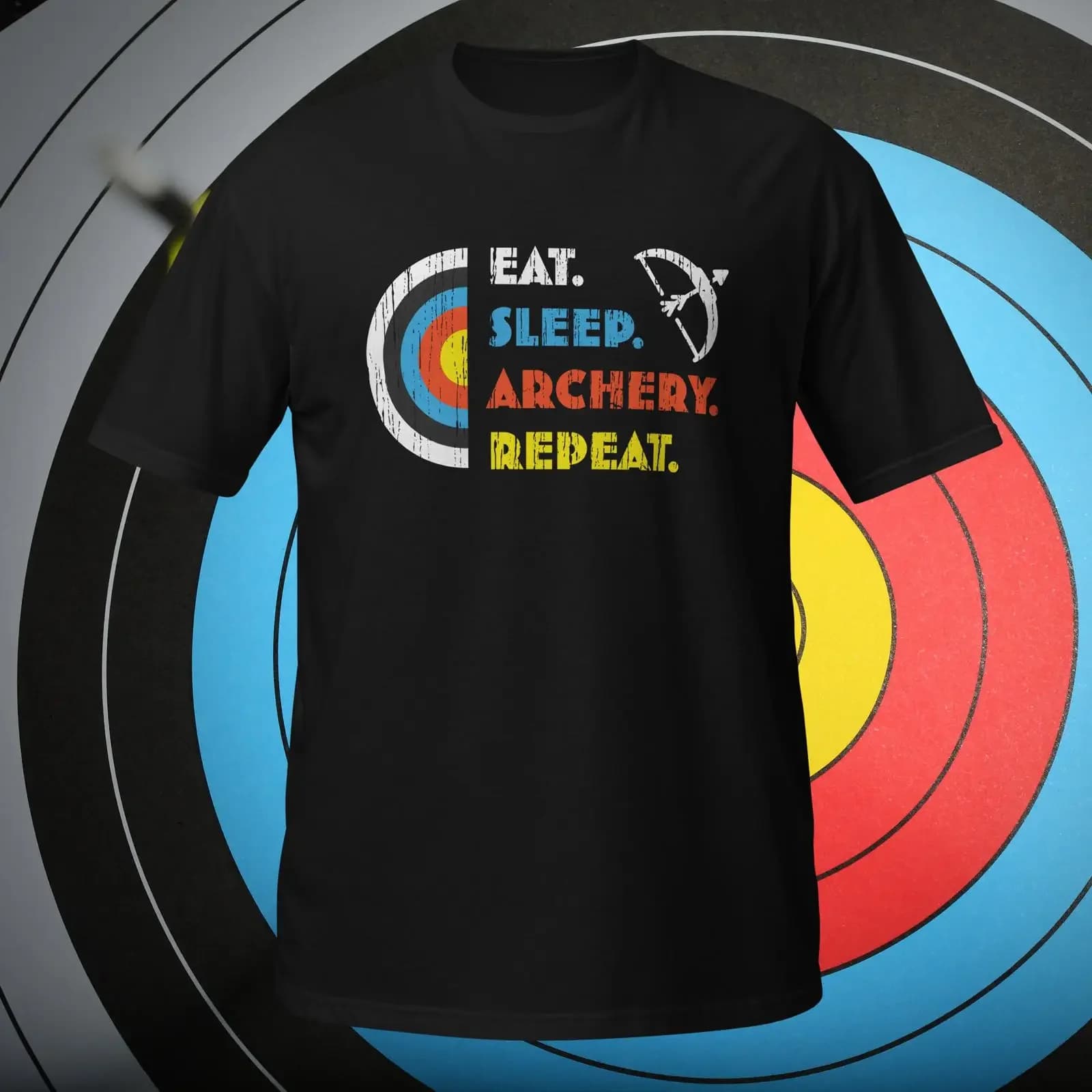 Eat Sleep Archery Repeat T Shirt Bold Target and Bow Design for Archers Perfect Practice Casual Wear vintage Washed