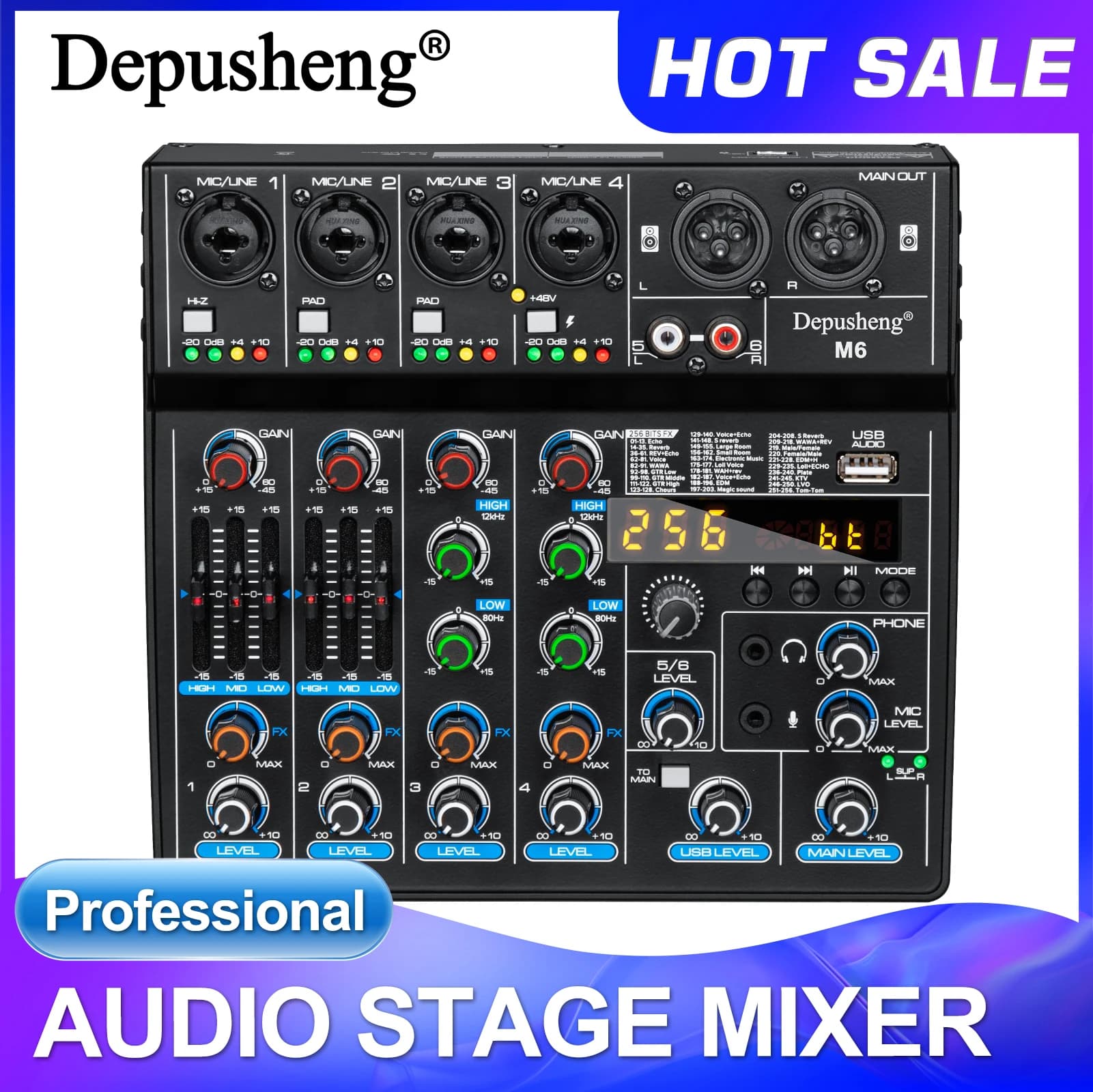 Audio Mixer with 6 Depusheng M6 channels with Bluetooth, USB, Computer Recording, Phantom Power 48V, Delay Effect and Repeat