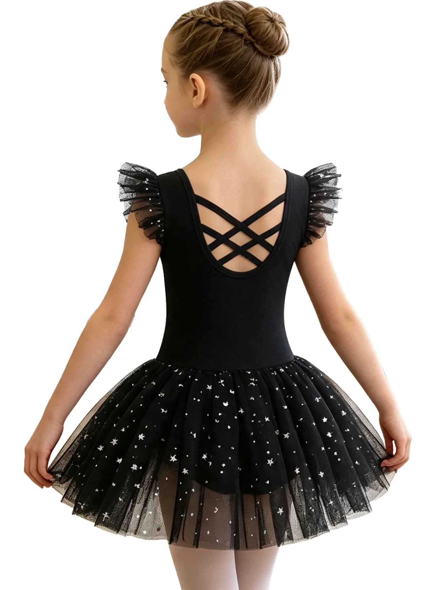 Girls Sparkly Rhinestone Mesh Patchwork Figure Skating Dress Stretchy Breathable for Ballet Dance Ice Performance Competition