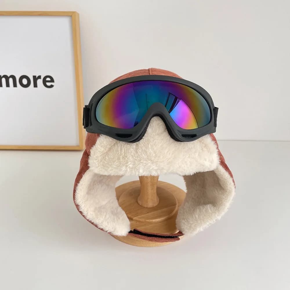 Berretto da sci caldo cartone animato con occhiali Occhiali Cappelli di protezione per le orecchie morbidi Paraorecchie Cappello da pilota ispessito Streetwear