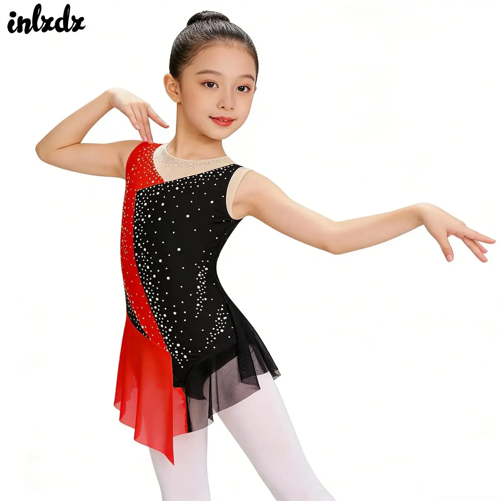 Body per bambina con strass scintillanti, ginnastica, pattinaggio artistico, body, costume, maglia trasparente, maglia da balletto, body da ballo
