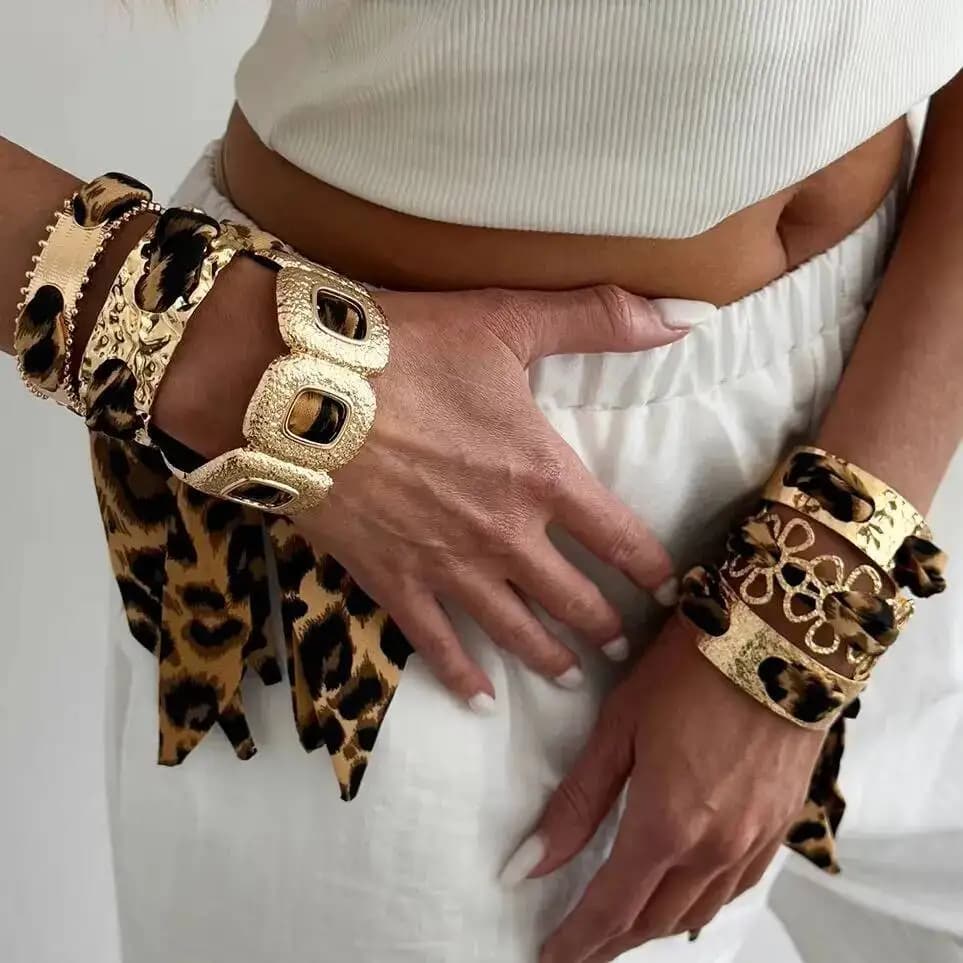 SHIXIN Leopard Print Silk Scarf Cuff Bangle Polka Dot Ribbon-Wrapped Metal Wide Bracelet Retro Adjustable Ethnic Style Wristband