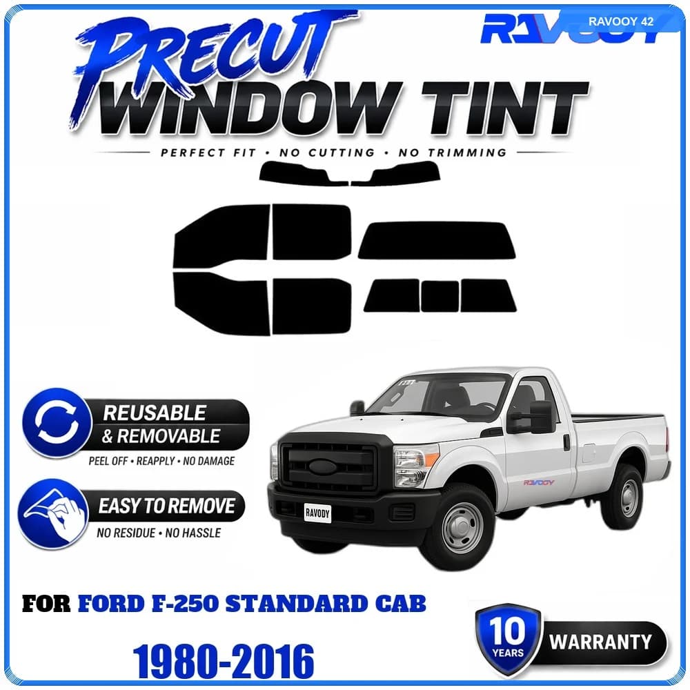 RAVOOY Precut Window Tint, Reusable Removable EPU Film, Custom Fit for Ford F-250 Standard Cab 1980-2016, UV Heat Protection