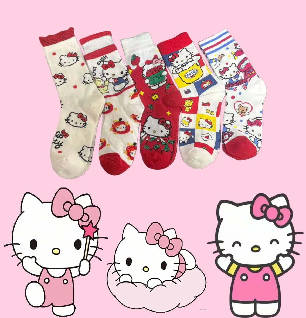 1/5 Pairs Cartoon Anime Sanrio Hello Kitty Cute New Year Christmas Mid-Calf Socks Breathable Soft for Women/Children
