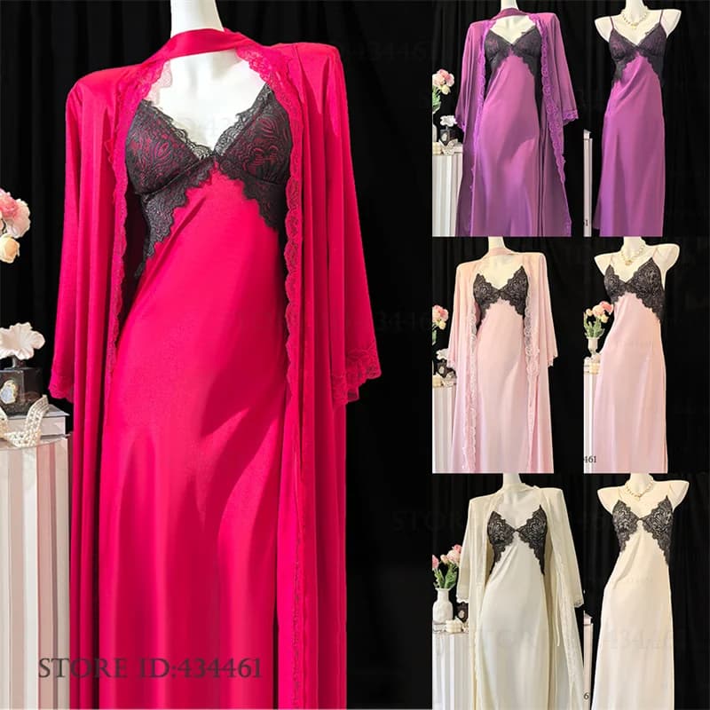 Elegant women's long 2 pieces dress set night shirt sexy lace night shirt lingerie new ice silk satin nightwear kimono dress bathrobe