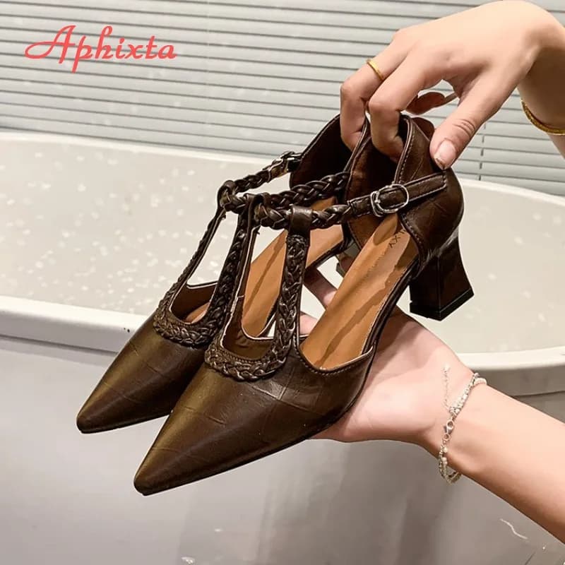 Aphixta Scarpe da Donna con Tacco a Blocco e Cinturino a T, Design Intrecciato, Punta Affusolata, Stile Mary Jane, con Fibbia alla Caviglia, Calzature Casual da Ufficio e Lavoro
