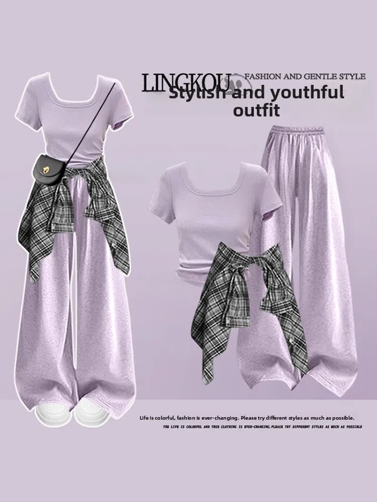 Large Size Korean Style Women's Summer Casual Plaid Shirt Shoulder T-Shirt Loose Wide Leg Pants Three-Piece Set Fashionable L...