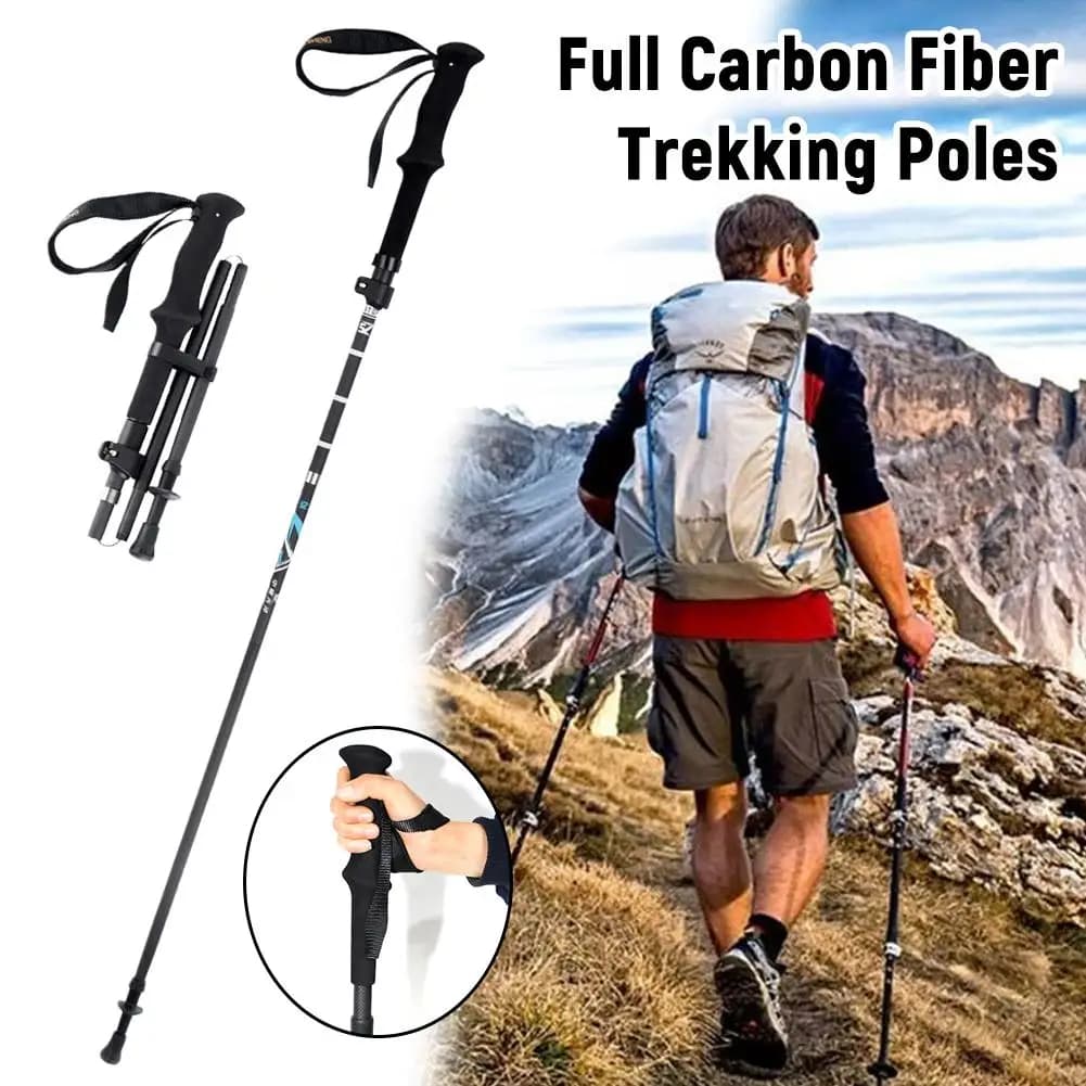 Ultralight Full Carbon Fiber Trekking Poles 4 Section Folding Telescopic Hiking Sticks Portable Nordic Mountain Climbing Cane