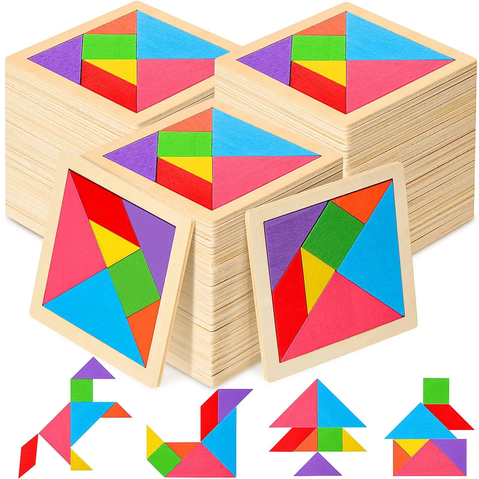5-100 Pezzi Puzzle Tangram in Legno per Studenti, Blocchi Geometrici per Gioco di Logica e Abilità Mentali