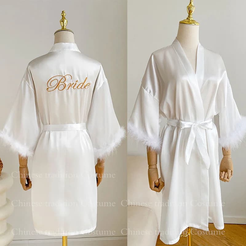 Bridal White Wedding Dress with feathers Satin Satin Woman Seeker Dresses Sexy kimono dresses for bridesmaid Short Bridal Lingerie