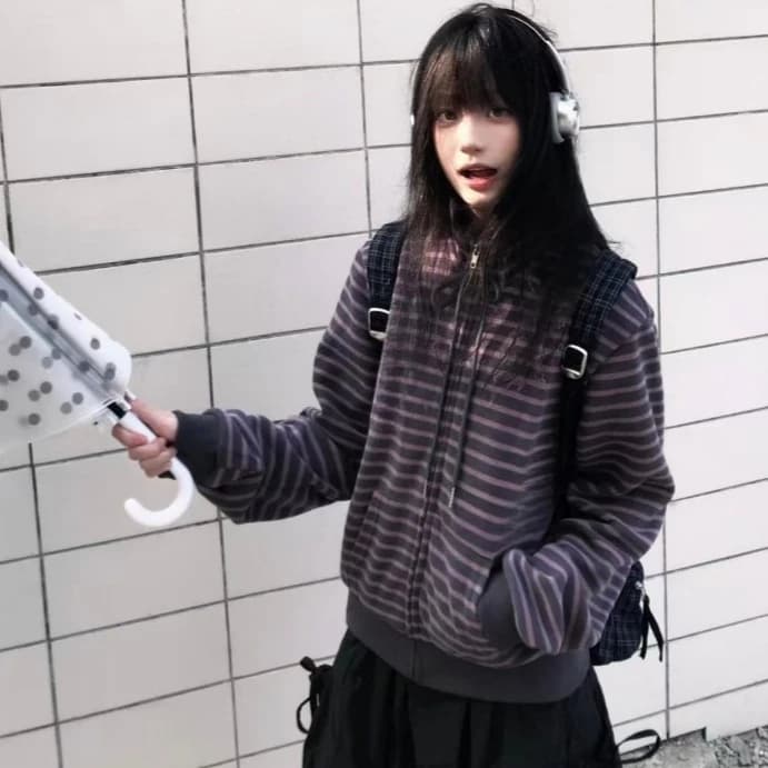 90s American Retro Knitted Cardigan Ladies Harajuku Striped Lined Zip Up Hoodie Y2K Grunge Oversized Long Sleeve Sweat Jacket