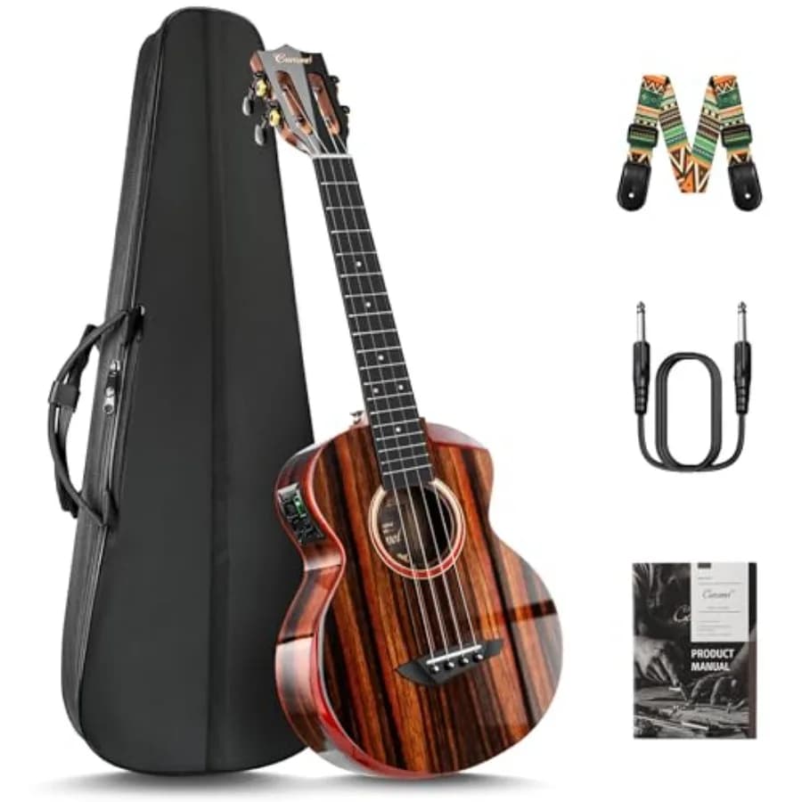 Ukulele Acustico Elettrico TEG91 Cutaway in Ebano Lucido con Bracciolo, 26 Pollici, Fatto a Mano, Kit Professionale con Accessori