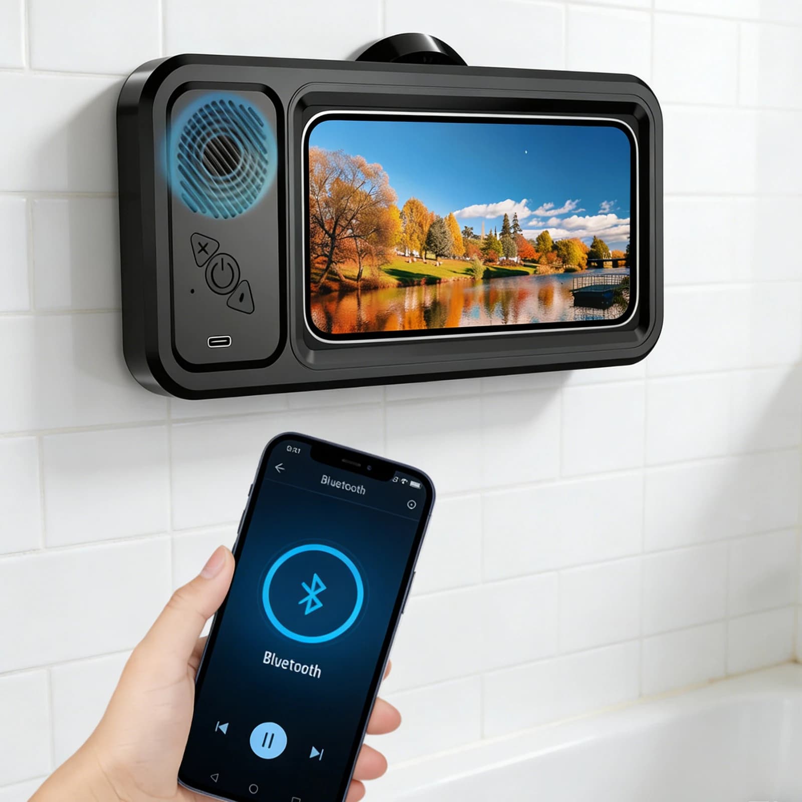 Supporto per telefono da parete 480 ° Altoparlante Bluetooth con Schermo Touch Rotante, Impermeabile IPX5, Custodia per Doccia e Supporto per Telefono Cellulare