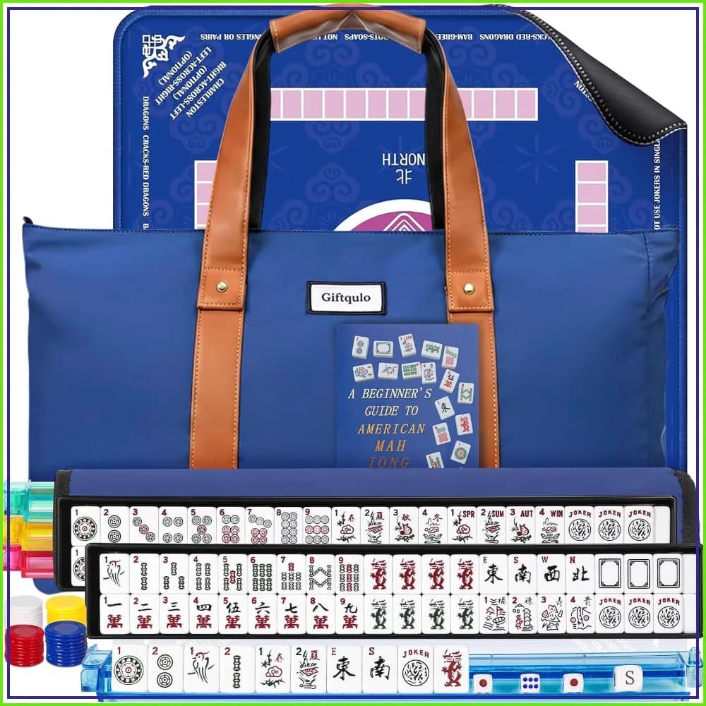 Complete American Mahjong Set with Mat, Racks, 166 Tiles, Blue Bag, Accessories