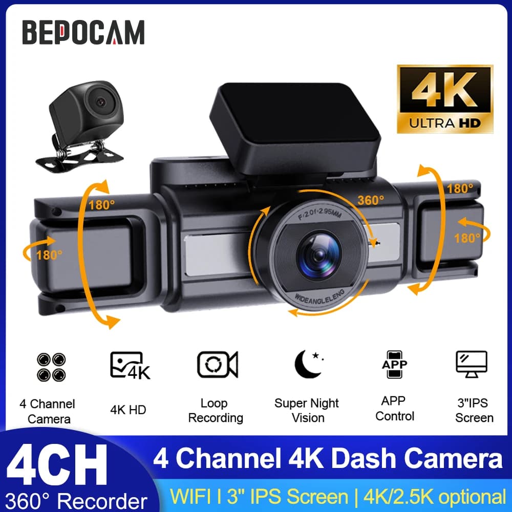 BEPOCAM 4CH 4K 360 ° Dashcam 3''' WiFi Front Left Right Poster for Car with Night Vision and Loop Registration, Wiring Kit