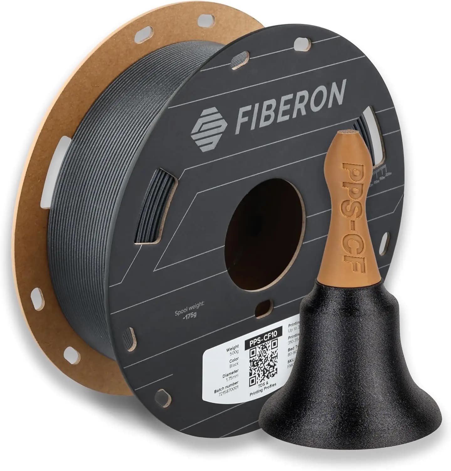 Filamento Polymaker Fiberon PPS-CF10 Nero 1.75mm 0.5kg, Resistenza Estrema al Calore - PPS Rinforzato con Fibra di Carbonio Fiberon