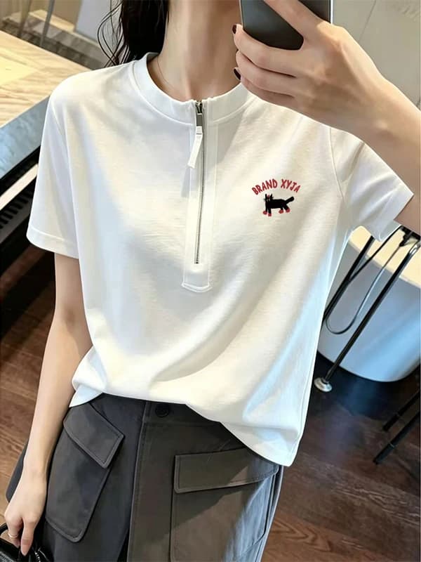 Korean Style White Printed Half Zip round Neck Short Sleeve T-Shirt Women's Loose Slimming Summer Top Fashionable Commute