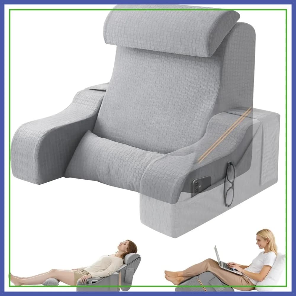 Cuscino da Lettura Pieghevole 2-in-1 per Letto, Supporto Ergonomico per la Schiena con Braccioli, 19 Pollici, Grigio, Set da 5 Pezzi