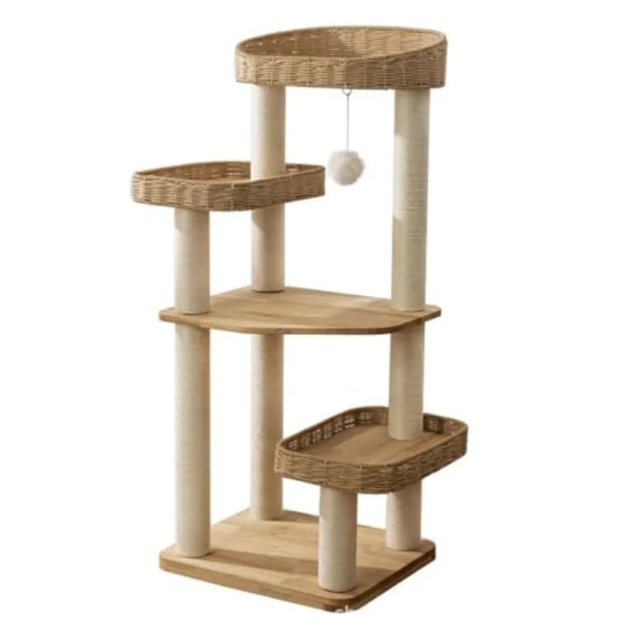 Moderno Tiragraffi per Gatti in Legno Naturale con 3 Grandi Cesti in Vimini, Cuscini Accoglienti, Posti Sdraiarsi e Tiragraffi in Sisal per Finestra