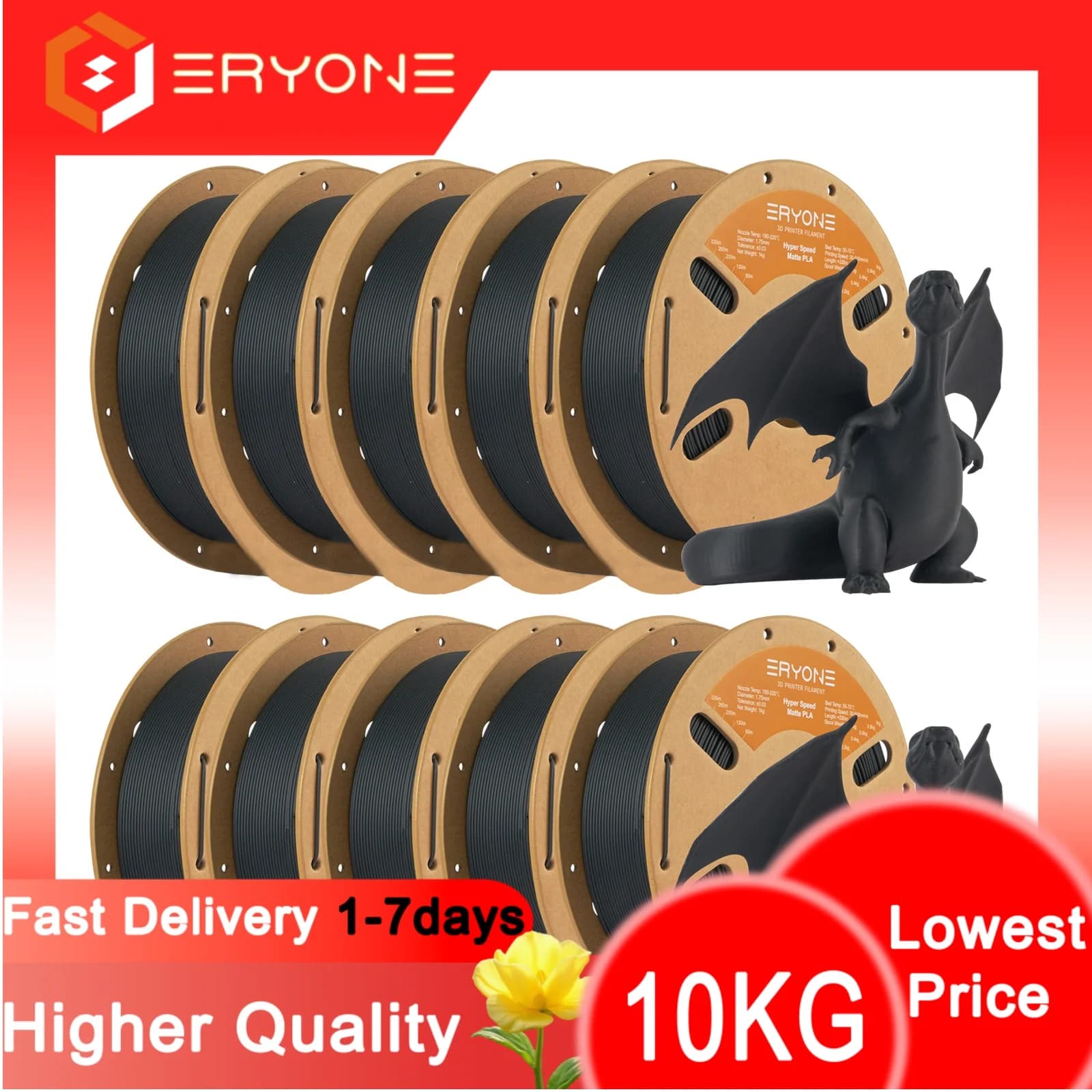 ERYONE High Speed Opaque PLA Filament 1KG/3KG/5KG/10KG, Perfect Coil 1.75mm ±0.03mm for FDM 3D Printing