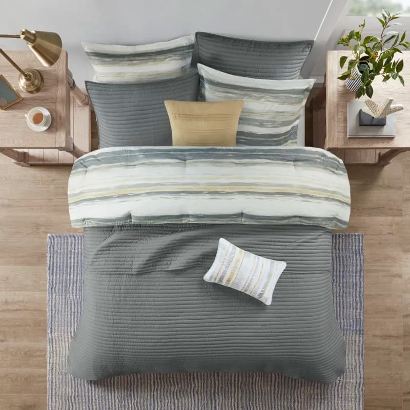 8 Piece Printed Seersucker Comforter and Quilt Set Collection Yellow Full/Queen
