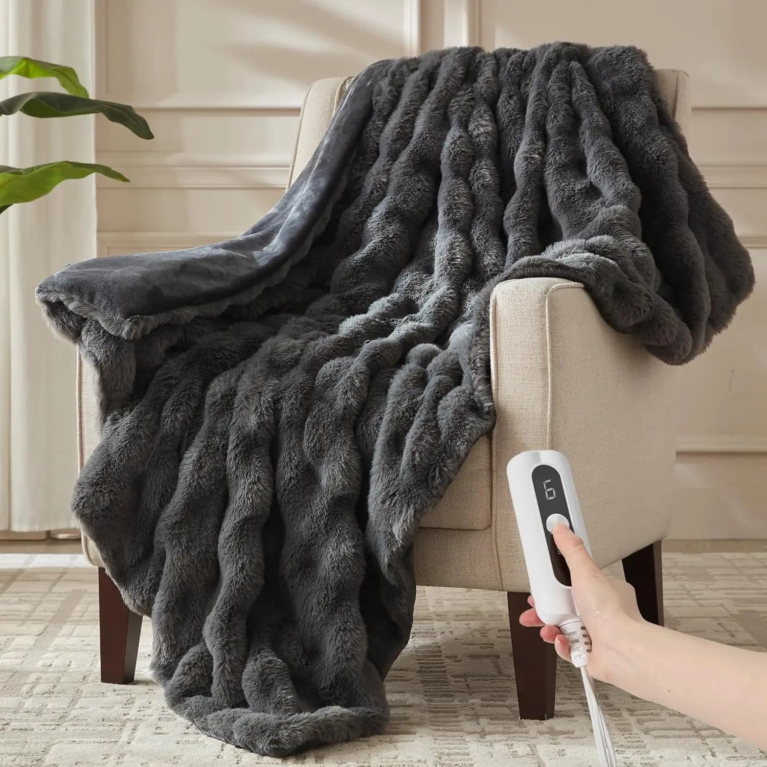 Coperta riscaldata in pelliccia sintetica felpata - 6 livelli di calore, spegnimento automatico, lavabile in lavatrice, 50x60 pollici, grigio scuro