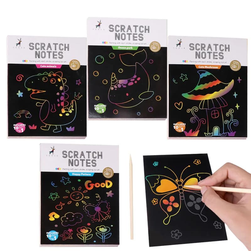 Kit di carta antigraffio arcobaleno cartone animato Carta da grattare da 10 pagine con penna 3-12 Bambini Bambini Ragazza Ragazzo Pittura fai da te Giocattolo Note di graffiti